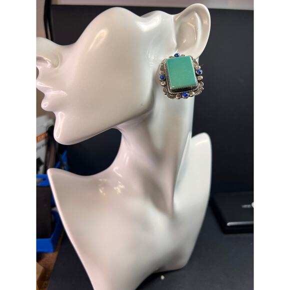 Signed Vintage Dead Stock Bernyse Chavez Sterling Turquoise Lapis Earrings - Picture 2 of 15